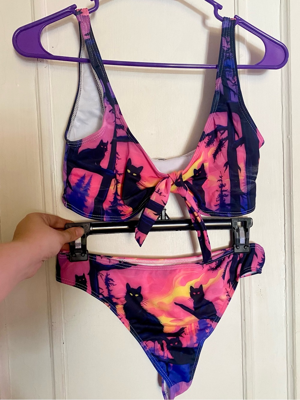 Purple Hecate Pink & Purple Cat Sunset Print Tie-Front Bikini Top + Thong Bottom